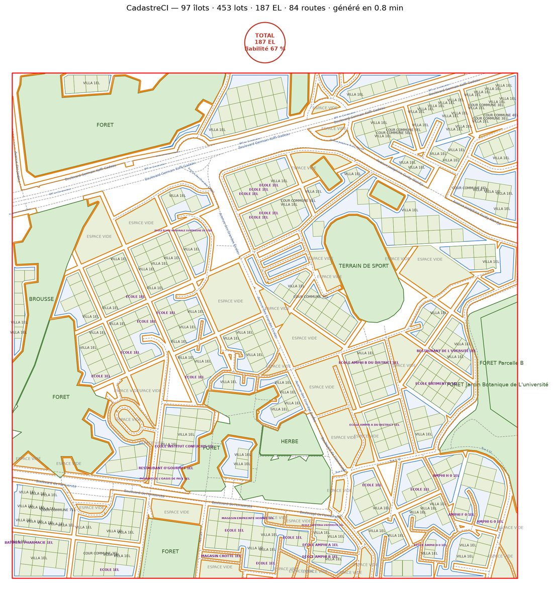 Annotated base map: villas, schools, lecture halls and campus woodland