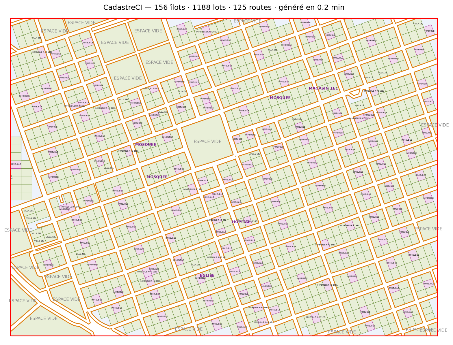 Cadastre annoté : VILLA, IMMEUBLE R+n avec EL, MOSQUEE, EGLISE, HOPITAL, MAGASIN, ESPACE VIDE