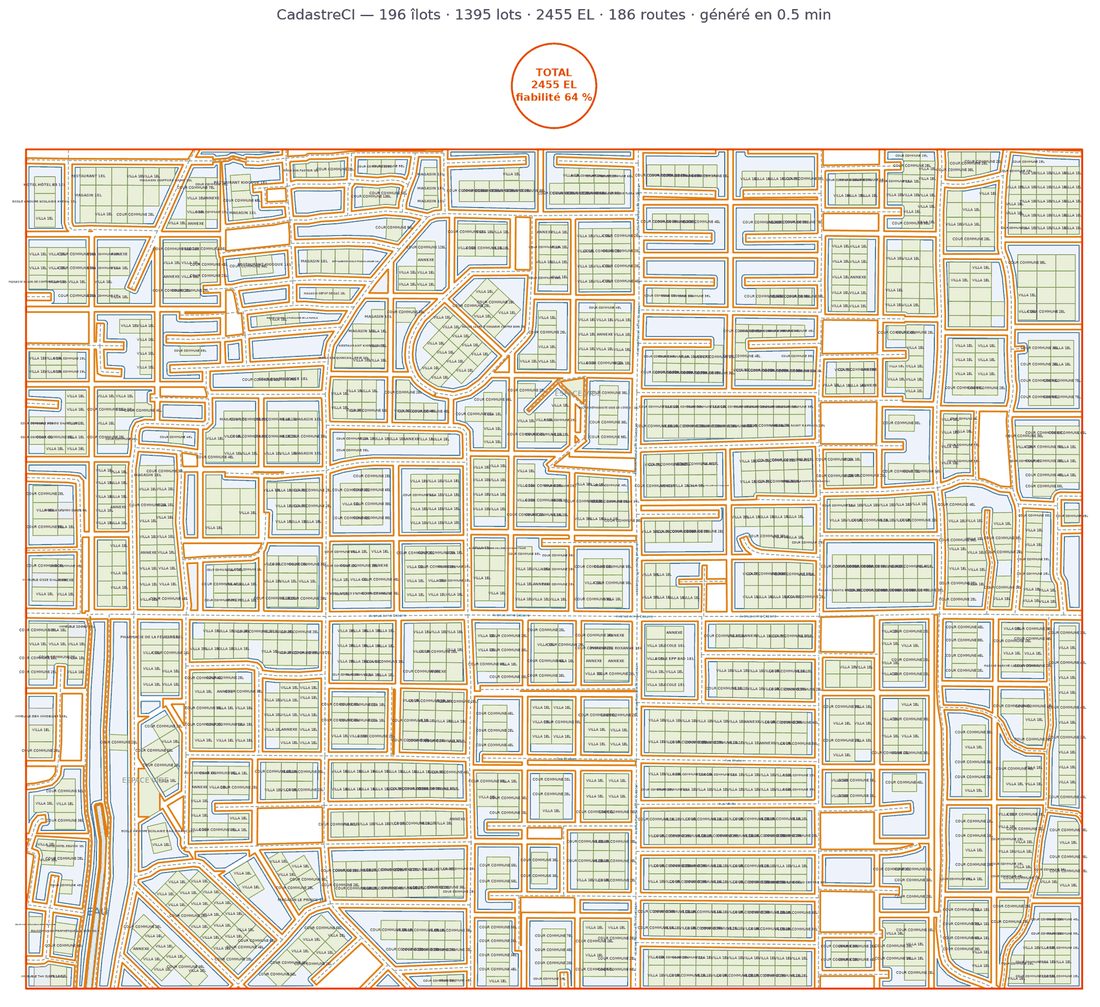 Yopougon base map: villas, shared compounds, shops and schools with the dwelling total